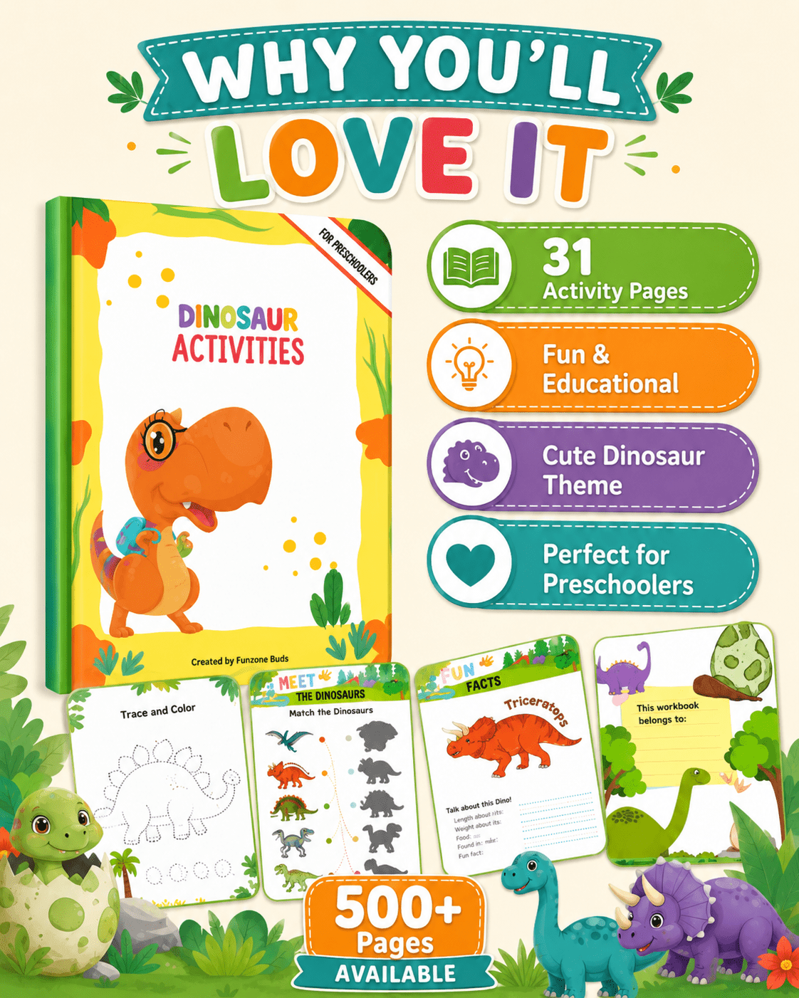Dinosaur Activities Preschool Workbook β 31 Printable Pages + 500 Bonus Worksheets | Fun Dinosaur Activity Book for Kids Ages 3β6 | Coloring, Tracing, Matching, Cut & Paste - sproutly