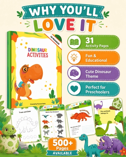 Dinosaur Activities Preschool Workbook – 31 Printable Pages + 500 Bonus Worksheets | Fun Dinosaur Activity Book for Kids Ages 3–6 | Coloring, Tracing, Matching, Cut &amp; Paste - sproutly