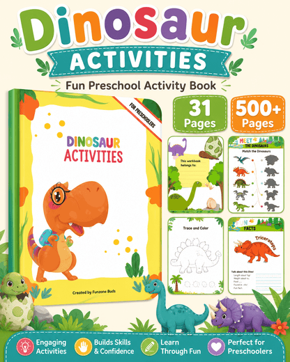 Dinosaur Activities Preschool Workbook – 31 Printable Pages + 500 Bonus Worksheets | Fun Dinosaur Activity Book for Kids Ages 3–6 | Coloring, Tracing, Matching, Cut &amp; Paste - sproutly