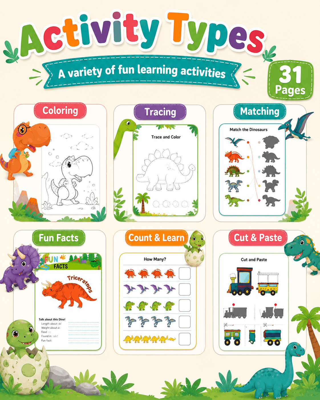 Dinosaur Activities Preschool Workbook – 31 Printable Pages + 500 Bonus Worksheets | Fun Dinosaur Activity Book for Kids Ages 3–6 | Coloring, Tracing, Matching, Cut &amp; Paste - sproutly