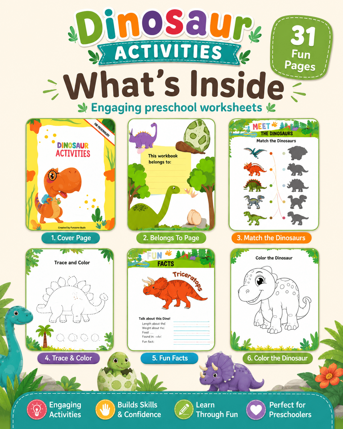 Dinosaur Activities Preschool Workbook – 31 Printable Pages + 500 Bonus Worksheets | Fun Dinosaur Activity Book for Kids Ages 3–6 | Coloring, Tracing, Matching, Cut &amp; Paste - sproutly