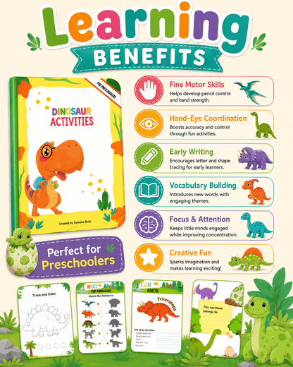 Dinosaur Activities Preschool Workbook – 31 Printable Pages + 500 Bonus Worksheets | Fun Dinosaur Activity Book for Kids Ages 3–6 | Coloring, Tracing, Matching, Cut &amp; Paste - sproutly