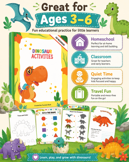 Dinosaur Activities Preschool Workbook – 31 Printable Pages + 500 Bonus Worksheets | Fun Dinosaur Activity Book for Kids Ages 3–6 | Coloring, Tracing, Matching, Cut &amp; Paste - sproutly
