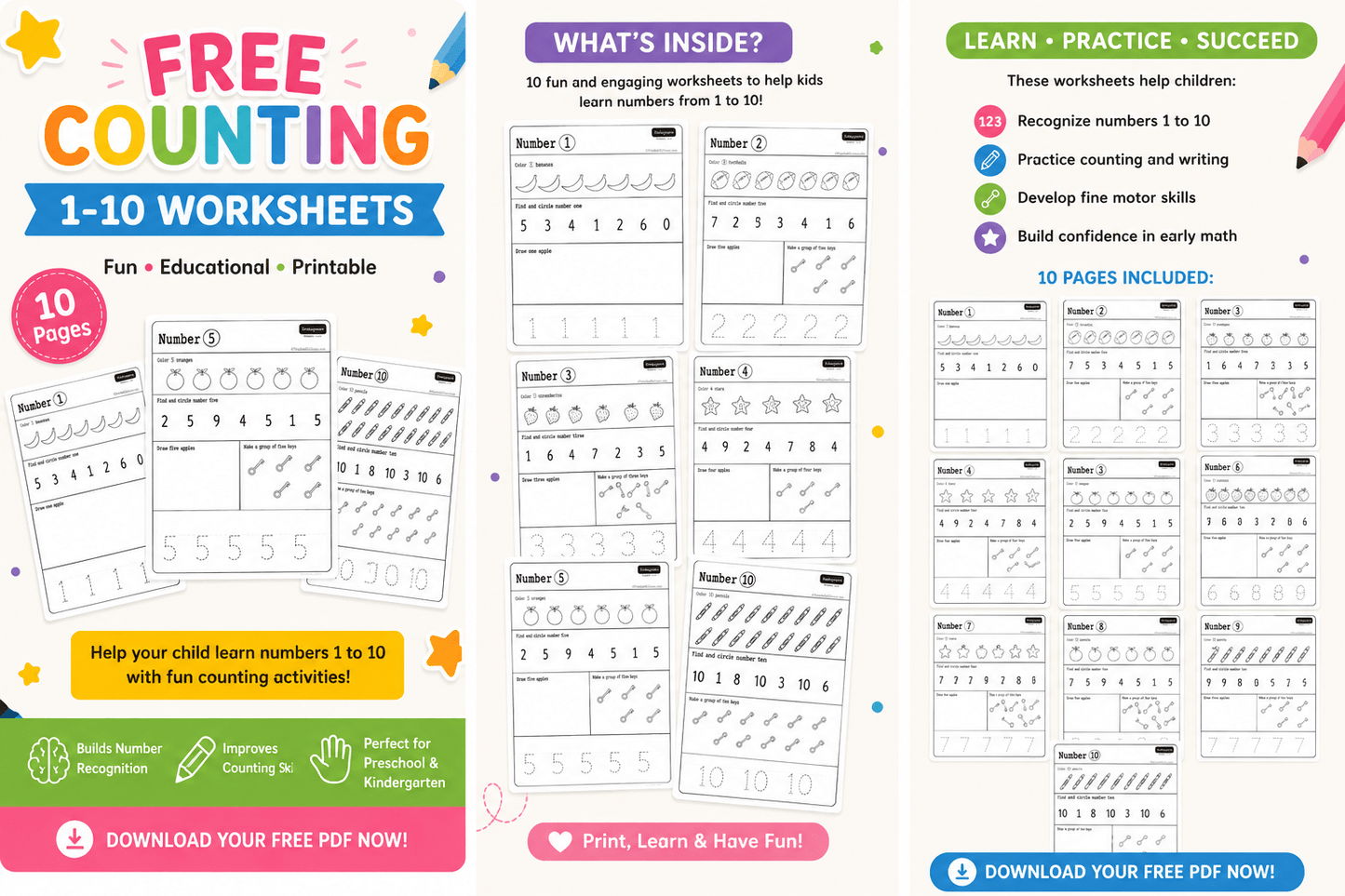 🎉 Free Counting 1–10 Worksheets PDF | Fun Preschool Number Practice - littlebloomworksheets.store/