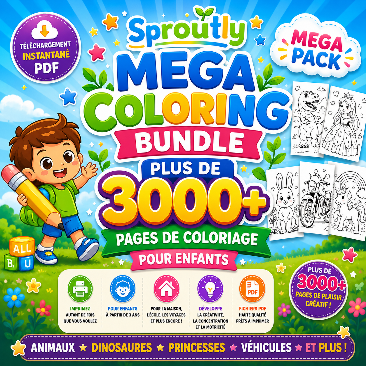 Mega Pack de Coloriage Enfants 3000+ Pages PDF, Livre de Coloriage Imprimable, Activités Créatives, Animaux Dinosaures Princesses, Téléchargement Instantané - sproutly