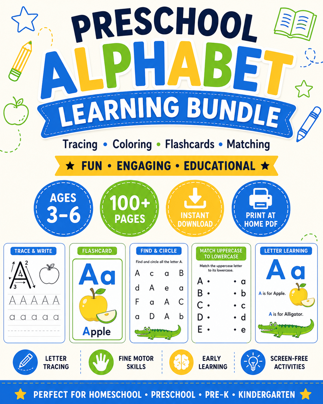 Preschool Alphabet Learning Bundle | Printable ABC Worksheets for Ages 3–6 - sproutly