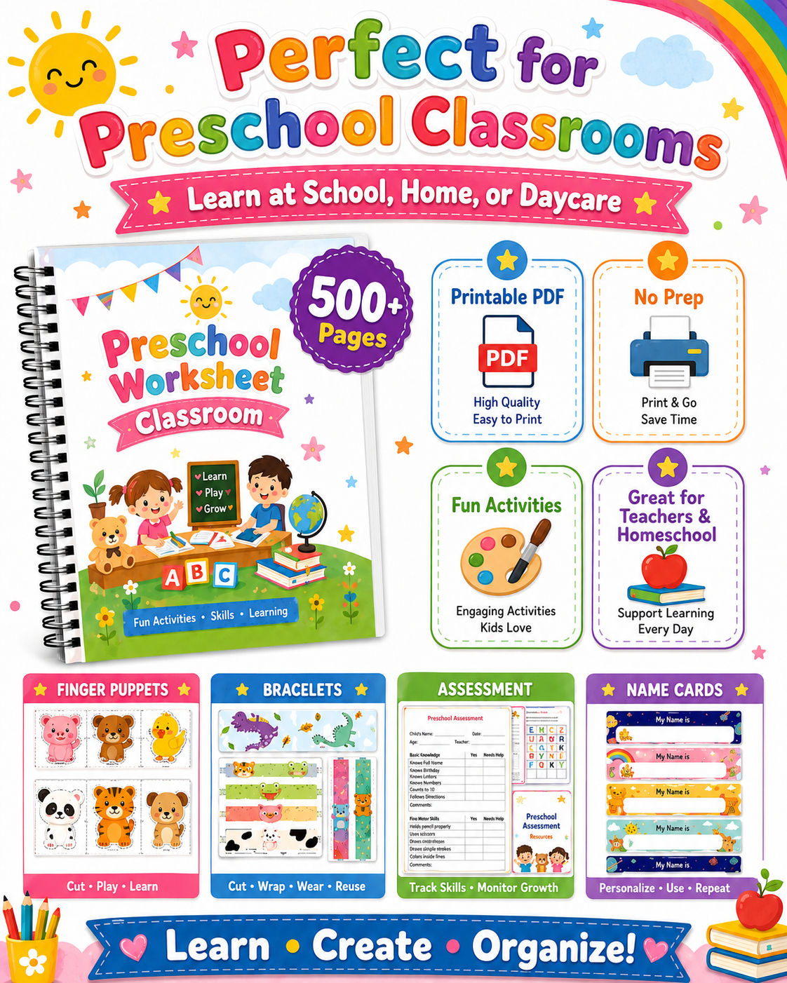 Preschool Classroom Worksheets Printable Bundle | 500+ Pages of Finger Puppets, Bracelets, Name Cards &amp; Assessment Tools for Pre-K &amp; Kindergarten - sproutly