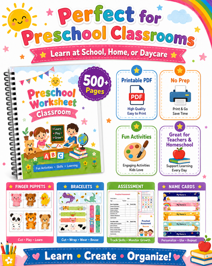 Preschool Classroom Worksheets Printable Bundle | 500+ Pages of Finger Puppets, Bracelets, Name Cards &amp; Assessment Tools for Pre-K &amp; Kindergarten - sproutly