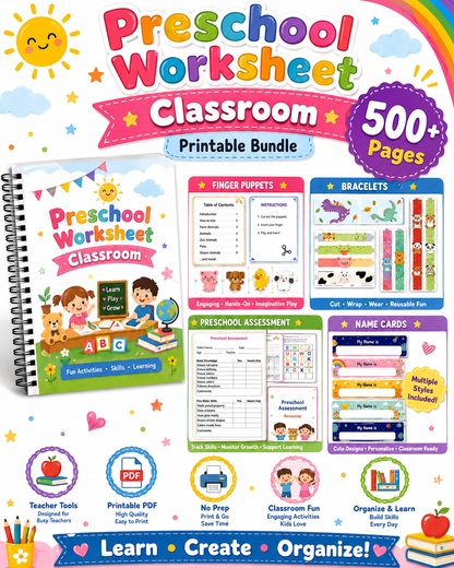 Preschool Classroom Worksheets Printable Bundle | 500+ Pages of Finger Puppets, Bracelets, Name Cards &amp; Assessment Tools for Pre-K &amp; Kindergarten - sproutly