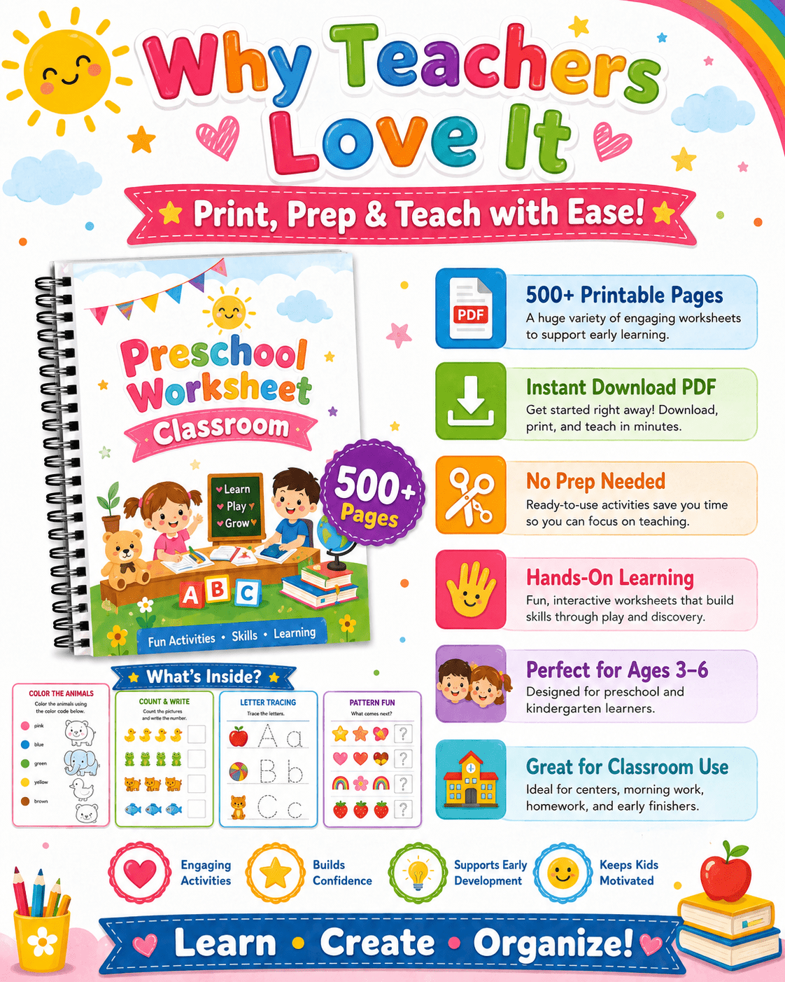 Preschool Classroom Worksheets Printable Bundle | 500+ Pages of Finger Puppets, Bracelets, Name Cards &amp; Assessment Tools for Pre-K &amp; Kindergarten - sproutly