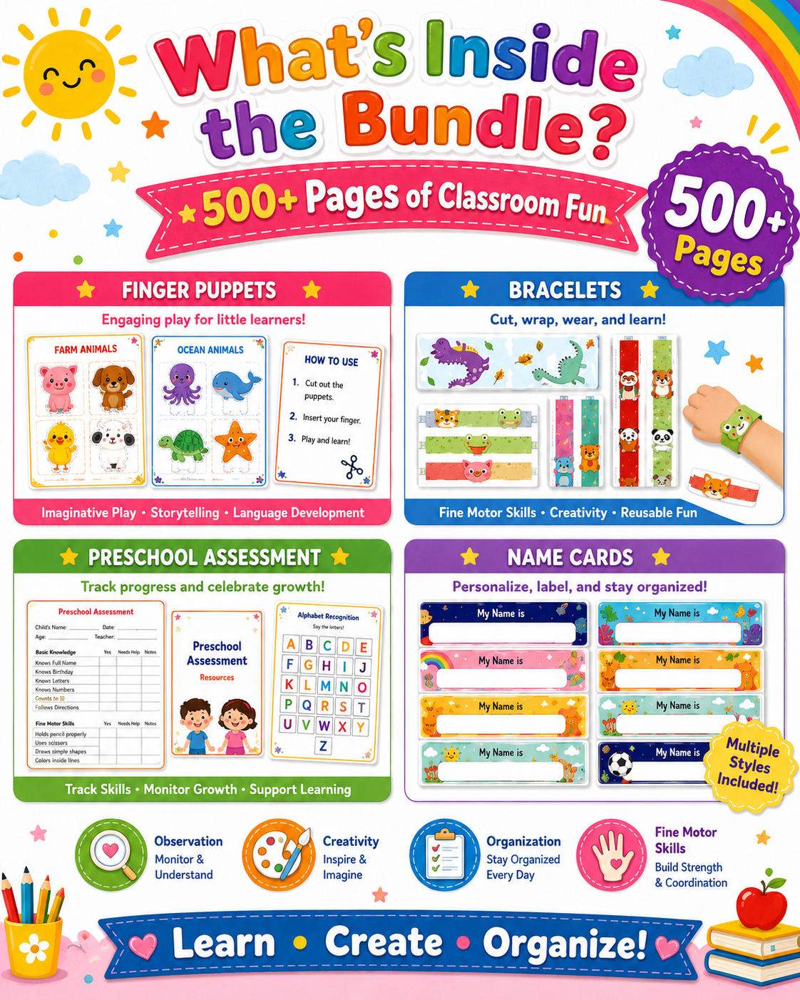 Preschool Classroom Worksheets Printable Bundle | 500+ Pages of Finger Puppets, Bracelets, Name Cards & Assessment Tools for Pre-K & Kindergarten