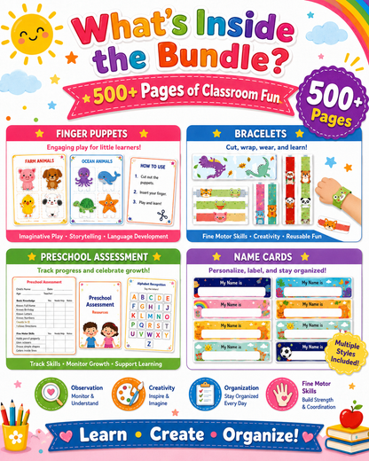 Preschool Classroom Worksheets Printable Bundle | 500+ Pages of Finger Puppets, Bracelets, Name Cards &amp; Assessment Tools for Pre-K &amp; Kindergarten - sproutly