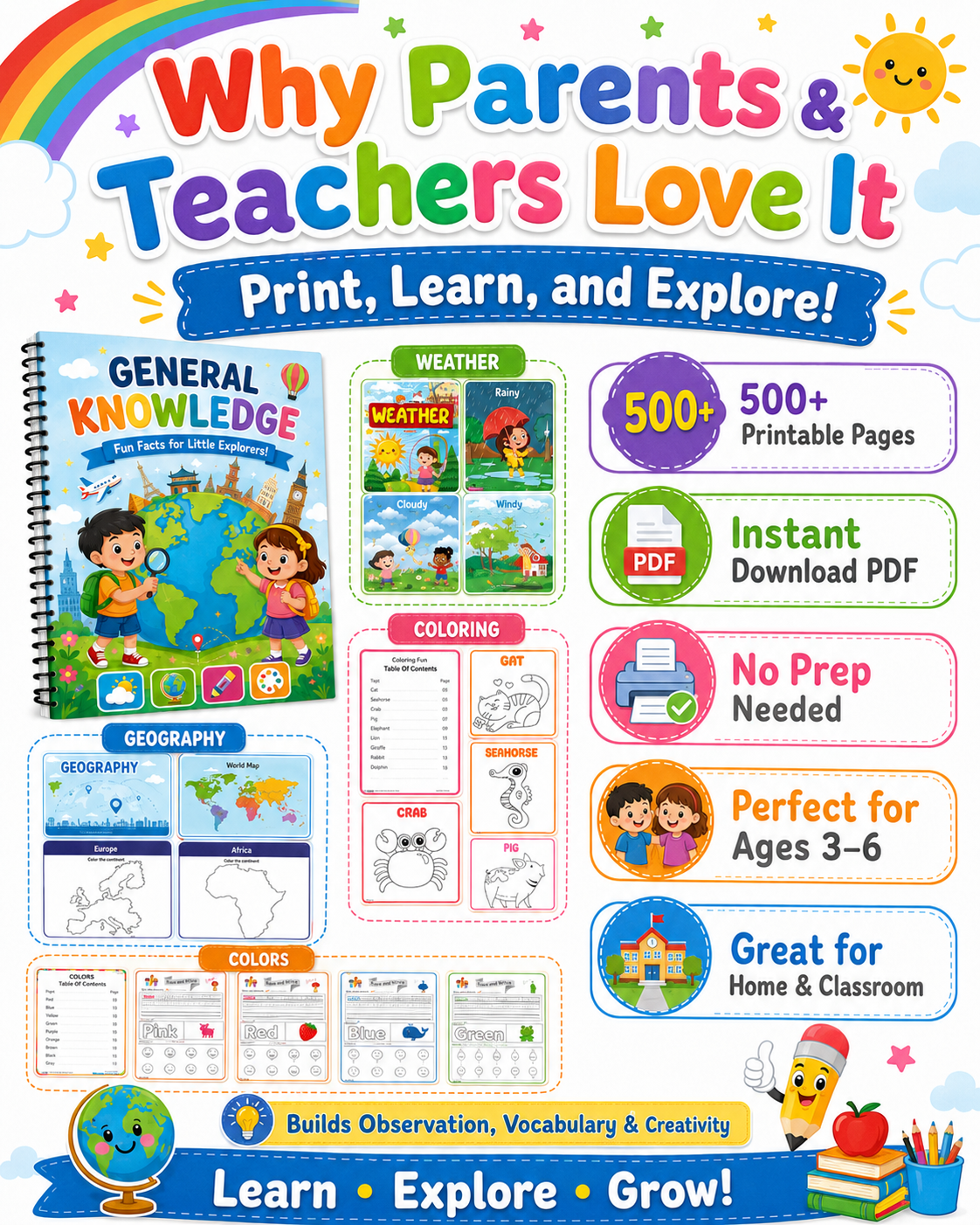 Preschool General Knowledge Worksheets Bundle | Weather, Colors & Geography for Ages 3–6 - littlebloomworksheets.store/