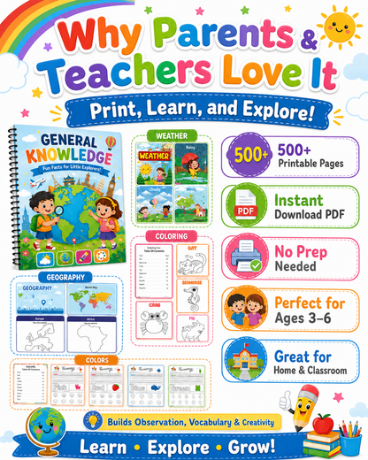 Preschool General Knowledge Worksheets Bundle | Weather, Colors & Geography for Ages 3–6 - littlebloomworksheets.store/