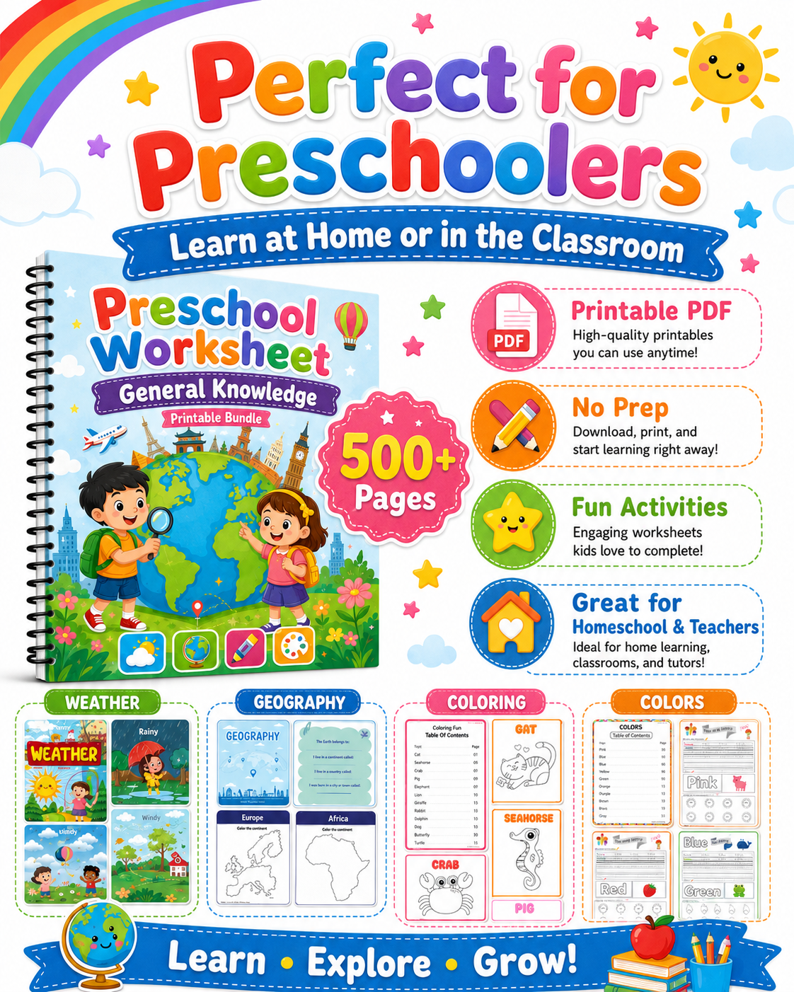 Preschool General Knowledge Worksheets Bundle | Weather, Colors & Geography for Ages 3–6 - littlebloomworksheets.store/