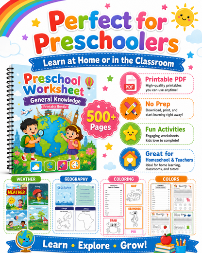 Preschool General Knowledge Worksheets Bundle | Weather, Colors & Geography for Ages 3–6 - littlebloomworksheets.store/