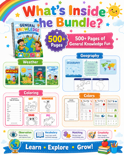 Preschool General Knowledge Worksheets Bundle | Weather, Colors & Geography for Ages 3–6 - littlebloomworksheets.store/