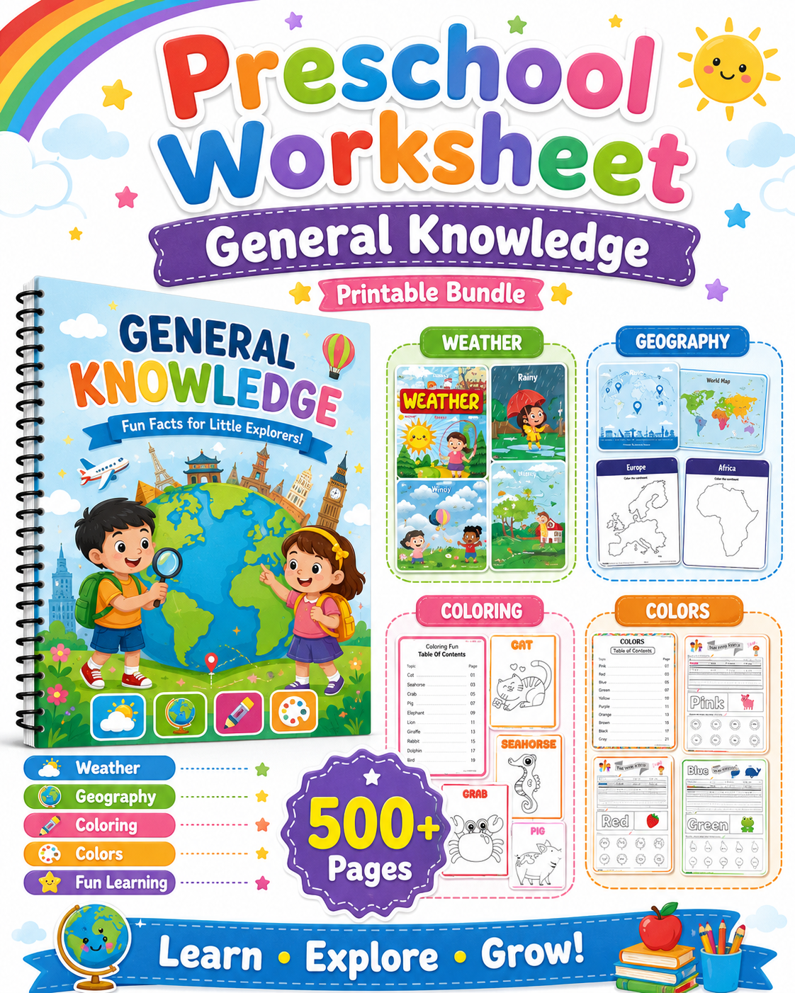 Preschool General Knowledge Worksheets Bundle | Weather, Colors & Geography for Ages 3–6 - littlebloomworksheets.store/