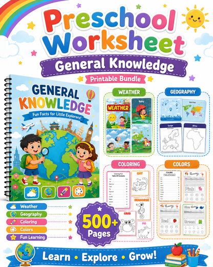Preschool General Knowledge Worksheets Bundle | Weather, Colors & Geography for Ages 3–6 - littlebloomworksheets.store/