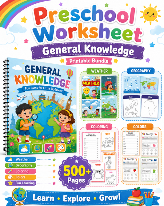 Preschool General Knowledge Worksheets Bundle | Weather, Colors & Geography for Ages 3–6 - littlebloomworksheets.store/