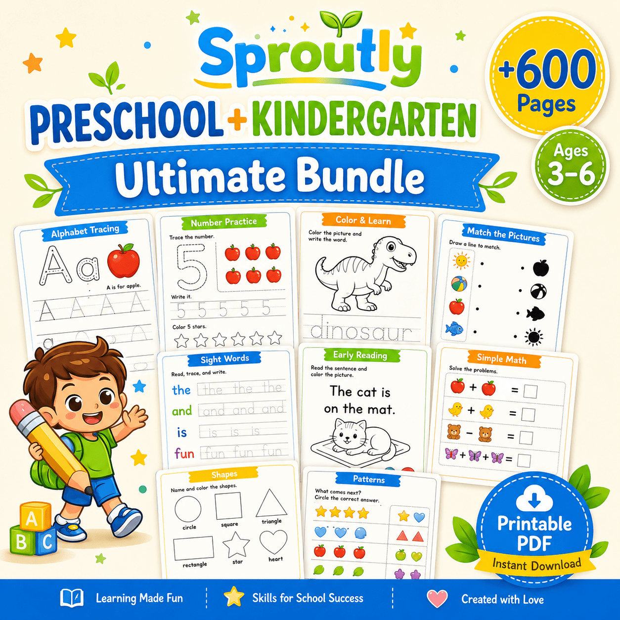 Preschool Learning Bundle, 600+ Printable Worksheets, Coloring, Tracing, Dot Marker, Alphabet, Numbers & Shapes PDF - sproutly