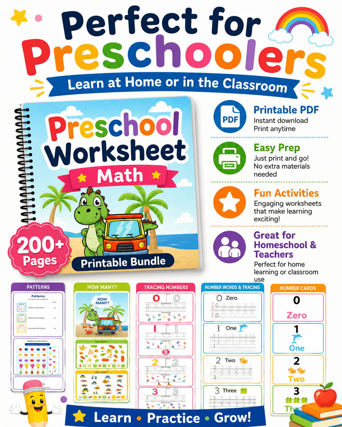 Preschool Math Worksheets Bundle | Numbers, Counting & Patterns for Ages 3–6 - littlebloomworksheets.store/