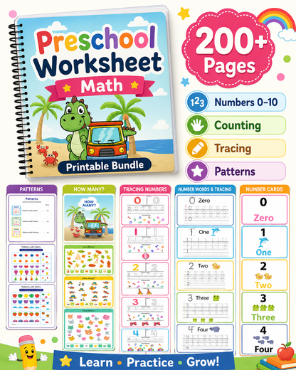 Preschool Math Worksheets Bundle | Numbers, Counting & Patterns for Ages 3–6 - littlebloomworksheets.store/