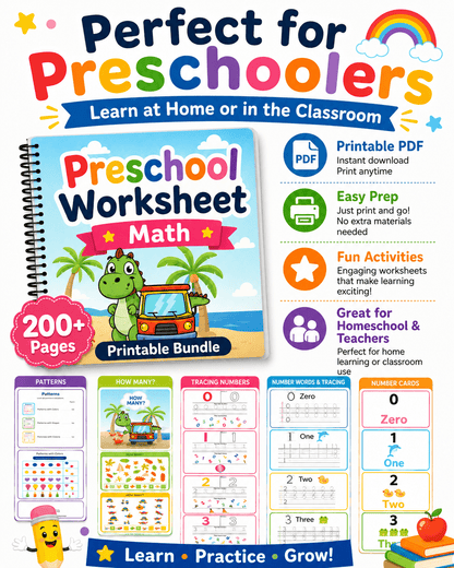 Preschool Math Worksheets Bundle | Numbers, Counting & Patterns for Ages 3–6 - littlebloomworksheets.store/