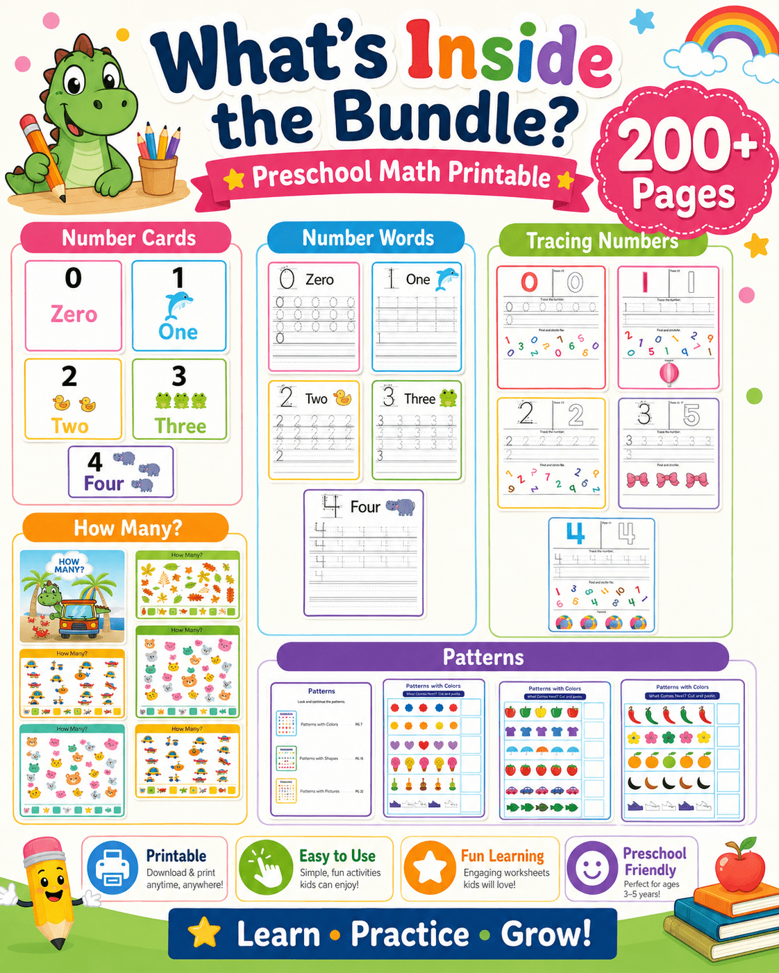 Preschool Math Worksheets Bundle | Numbers, Counting & Patterns for Ages 3–6 - littlebloomworksheets.store/