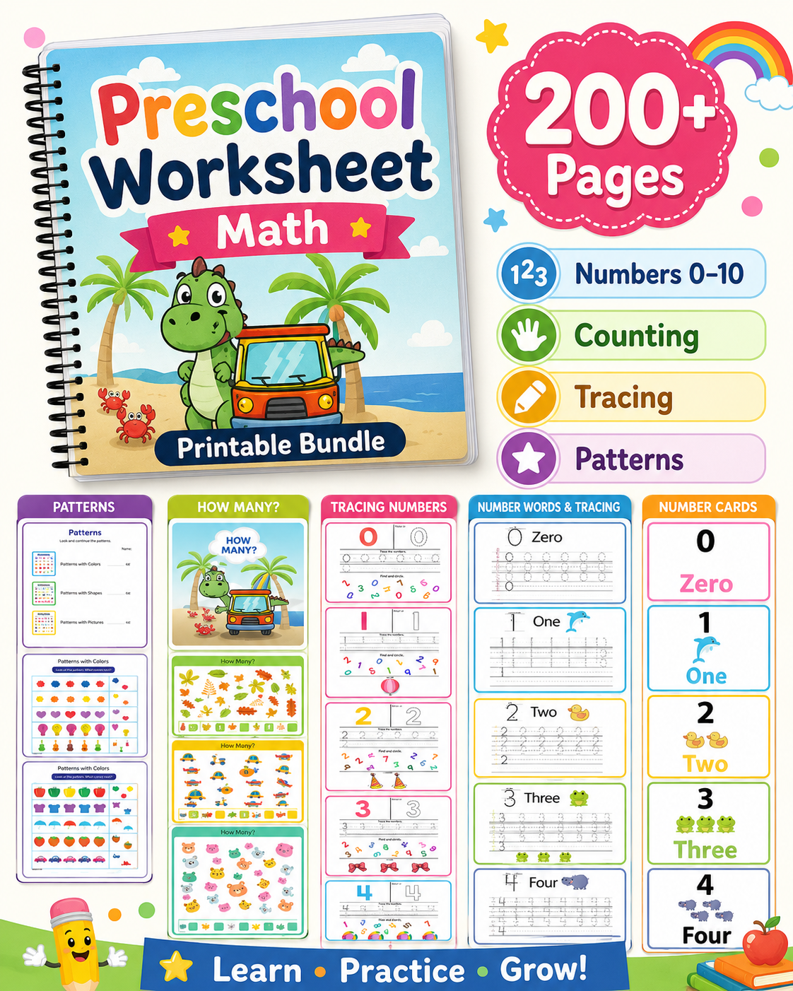 Preschool Math Worksheets Bundle | Numbers, Counting & Patterns for Ages 3–6 - littlebloomworksheets.store/