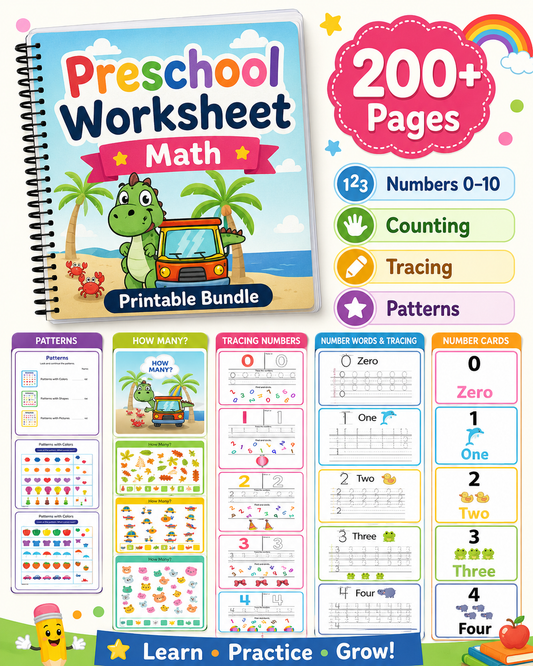 Preschool Math Worksheets Bundle | Numbers, Counting & Patterns for Ages 3–6 - littlebloomworksheets.store/