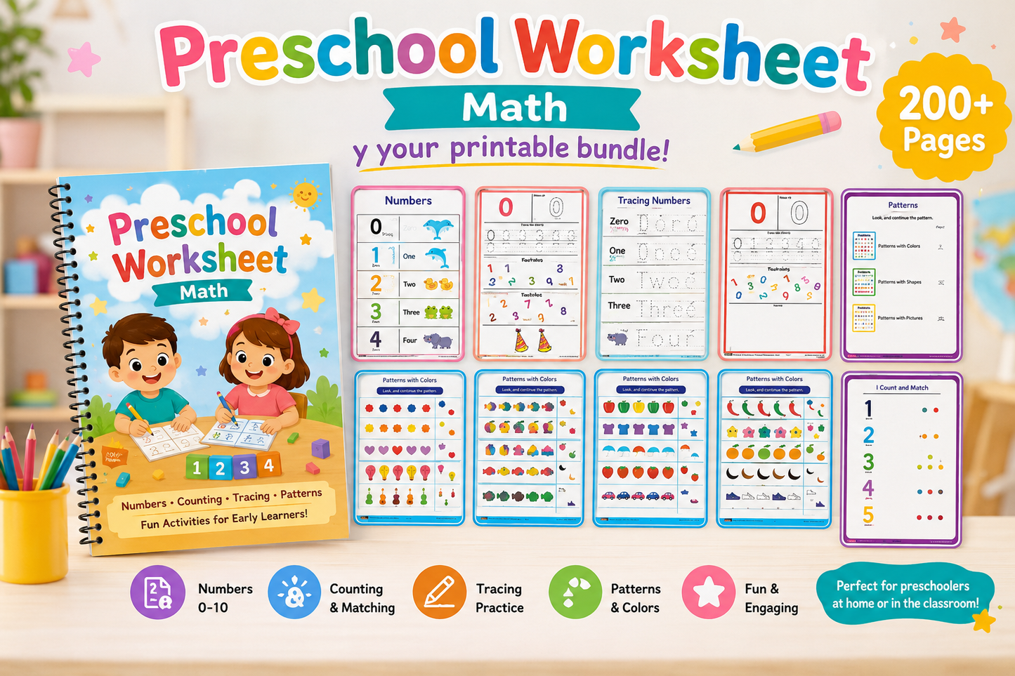 Preschool Math Worksheets Bundle | Numbers, Counting & Patterns for Ages 3–6 - littlebloomworksheets.store/