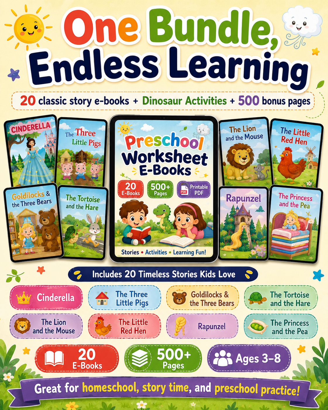 Preschool Worksheet E-Books Bundle – 20 Classic Story E-Books + Dinosaur Activities + 500 Bonus Printable Pages | Kids Reading &amp; Activity PDFs Ages 3–8 - sproutly