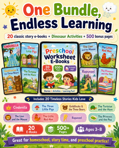 Preschool Worksheet E-Books Bundle – 20 Classic Story E-Books + Dinosaur Activities + 500 Bonus Printable Pages | Kids Reading &amp; Activity PDFs Ages 3–8 - sproutly