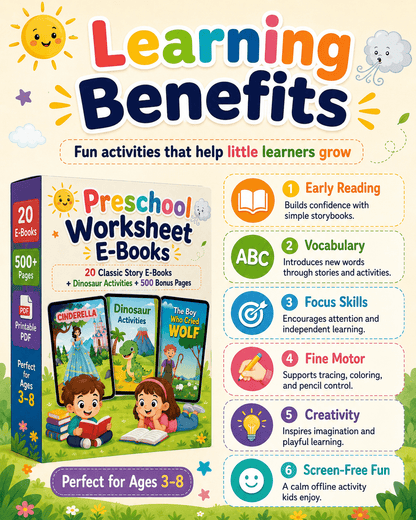 Preschool Worksheet E-Books Bundle – 20 Classic Story E-Books + Dinosaur Activities + 500 Bonus Printable Pages | Kids Reading &amp; Activity PDFs Ages 3–8 - sproutly