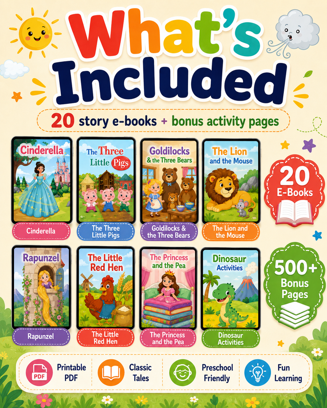 Preschool Worksheet E-Books Bundle – 20 Classic Story E-Books + Dinosaur Activities + 500 Bonus Printable Pages | Kids Reading &amp; Activity PDFs Ages 3–8 - sproutly