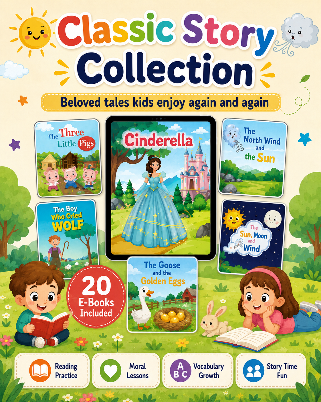Preschool Worksheet E-Books Bundle – 20 Classic Story E-Books + Dinosaur Activities + 500 Bonus Printable Pages | Kids Reading &amp; Activity PDFs Ages 3–8 - sproutly