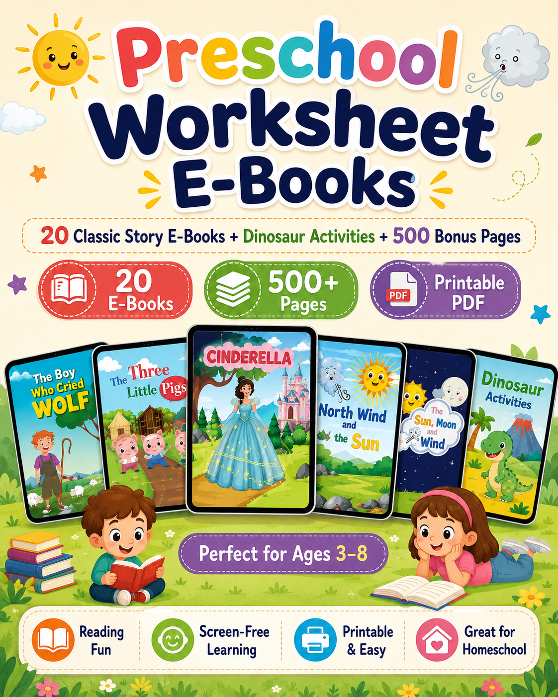 Preschool Worksheet E-Books Bundle – 20 Classic Story E-Books + Dinosaur Activities + 500 Bonus Printable Pages | Kids Reading & Activity PDFs Ages 3–8